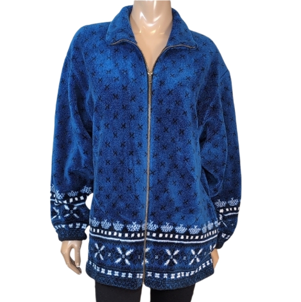 Vintage Marshlands Fleece Jacket Nordic Blue White Winter Womens Size Medium